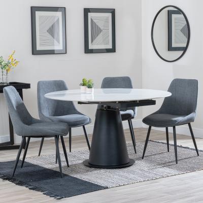 Carrara White Ceramic 4 Seater Round Extending Dining Set 4 Darwin Grey Fabric Dining Chair