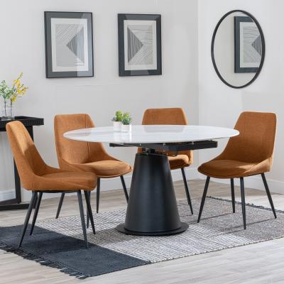 Carrara White Ceramic 4 Seater Round Extending Dining Set 4 Darwin Orange Fabric Dining Chair