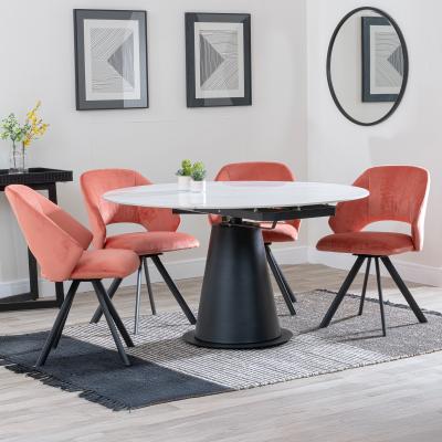 Carrara White Ceramic 4 Seater Round Extending Dining Set 4 Ion Orange Velvet Fabric Swivel Dining Chair