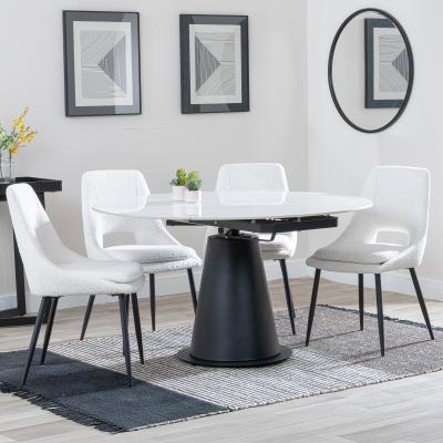 Carrara White Ceramic 4 Seater Round Extending Dining Set 4 Peyton Cream Fabric Dining Chair