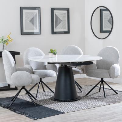 Carrara White Ceramic 4 Seater Round Extending Dining Set 4 Theo Grey Fabric Swivel Dining Chair