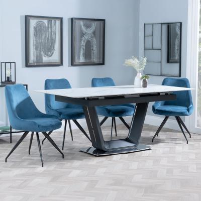 Alpha White Ceramic Extending Dining Set Arctic Blue Velvet Fabric Swivel Dining Chair