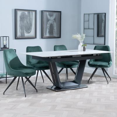 Alpha White Ceramic Extending Dining Set Arctic Green Velvet Fabric Swivel Dining Chair