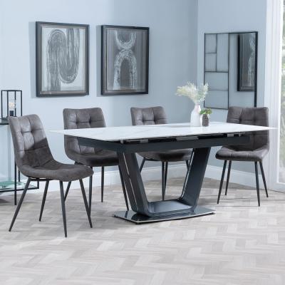 Alpha White Ceramic Extending Dining Set Corona Grey Fabric Dining Chair