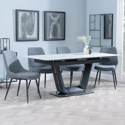 Alpha White Ceramic Extending Dining Set Darwin Grey Fabric Dining Chair