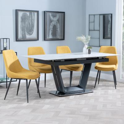 Alpha White Ceramic Extending Dining Set Darwin Yellow Fabric Dining Chair