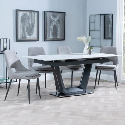 Alpha White Ceramic Extending Dining Set Peyton Grey Fabric Dining Chair