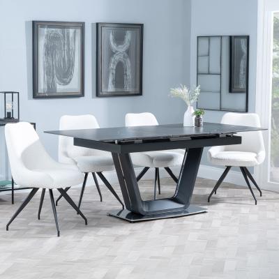 Alpha Black Ceramic Extending Dining Set Arctic Cream Velvet Fabric Swivel Dining Chair