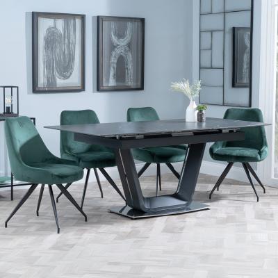 Alpha Black Ceramic Extending Dining Set Arctic Green Velvet Fabric Swivel Dining Chair