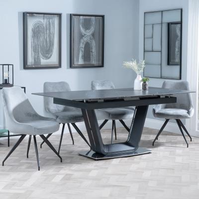 Alpha Black Ceramic Extending Dining Set Arctic Grey Velvet Fabric Swivel Dining Chair