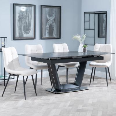 Alpha Black Ceramic Extending Dining Set Corona Beige Fabric Dining Chair