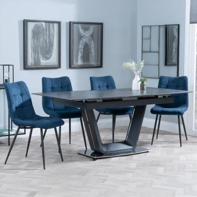 Alpha Black Ceramic Extending Dining Set Corona Blue Fabric Dining Chair