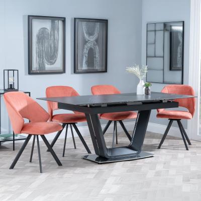 Alpha Black Ceramic Extending Dining Set Ion Orange Velvet Fabric Swivel Dining Chair