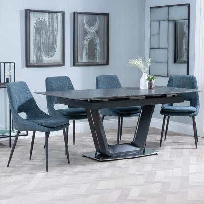 Alpha Black Ceramic Extending Dining Set Peyton Blue Fabric Dining Chair