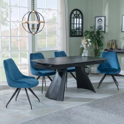 Kinston Black Ceramic Extending Dining Set Arctic Blue Velvet Fabric Swivel Dining Chair