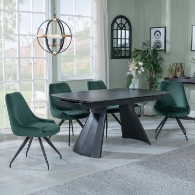 Kinston Black Ceramic Extending Dining Set Arctic Green Velvet Fabric Swivel Dining Chair