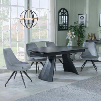 Kinston Black Ceramic Extending Dining Set Arctic Grey Velvet Fabric Swivel Dining Chair