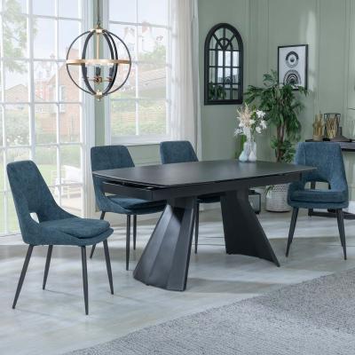 Kinston Black Ceramic Extending Dining Set Peyton Blue Fabric Dining Chair