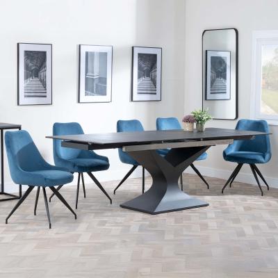 Anvik Black Ceramic Extending Dining Set Arctic Blue Velvet Fabric Swivel Dining Chair