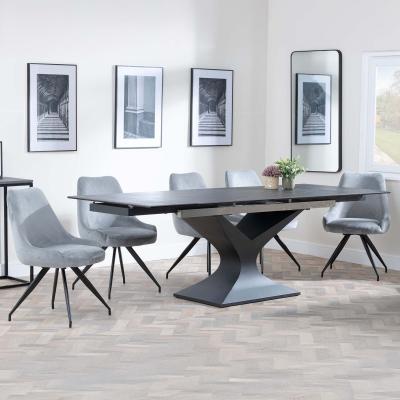 Anvik Black Ceramic Extending Dining Set Arctic Grey Velvet Fabric Swivel Dining Chair