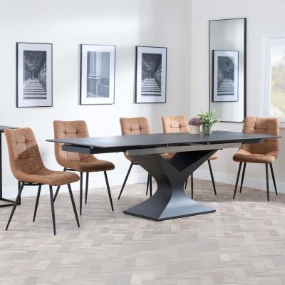 Anvik Black Ceramic Extending Dining Set Corona Brown Fabric Dining Chair