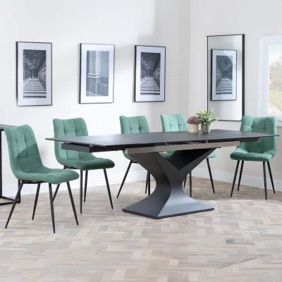 Anvik Black Ceramic Extending Dining Set Corona Green Fabric Dining Chair