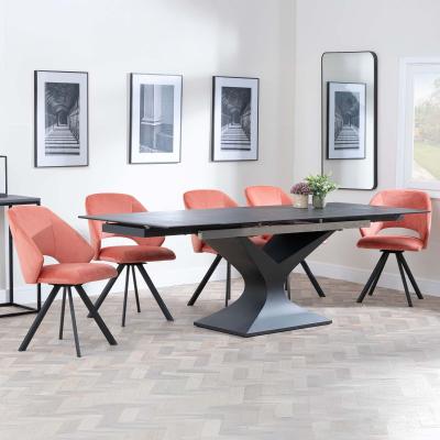 Anvik Black Ceramic Extending Dining Set Ion Orange Velvet Fabric Swivel Dining Chair