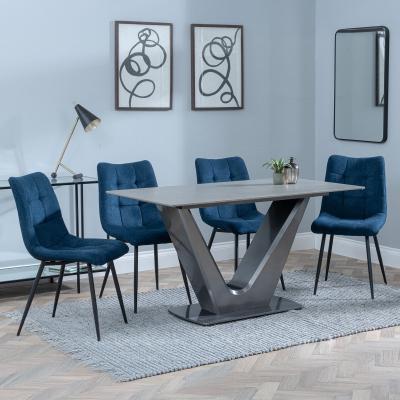 Camilla Grey Ceramic 4 Seater Dining Set 4 Corona Blue Fabric Dining Chair