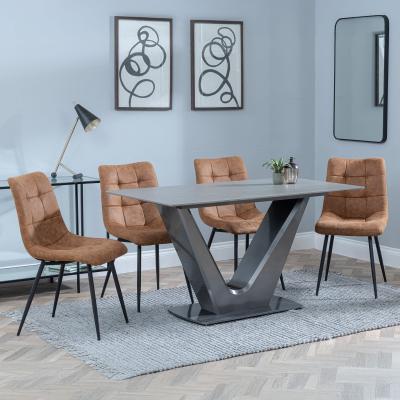 Camilla Grey Ceramic 4 Seater Dining Set 4 Corona Brown Fabric Dining Chair