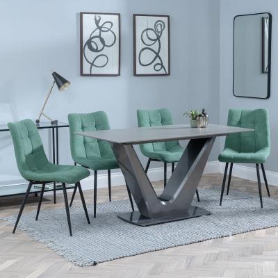 Camilla Grey Ceramic 4 Seater Dining Set 4 Corona Green Fabric Dining Chair