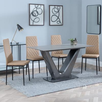 Camilla Grey Ceramic 4 Seater Dining Set 4 Metro Cappuccino Leather Dining Chair With Black Legs