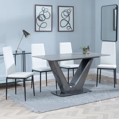 Camilla Grey Ceramic 4 Seater Dining Set 4 Metro White Leather Dining Chair With Black Legs