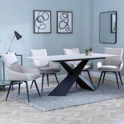 Merlin White Ceramic Dining Set Ace Beige Fabric Swivel Dining Chair