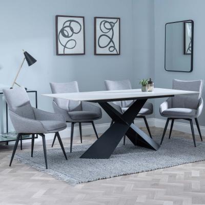 Merlin White Ceramic Dining Set Ace Grey Fabric Swivel Dining Chair