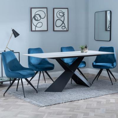 Merlin White Ceramic Dining Set Arctic Blue Velvet Fabric Swivel Dining Chair