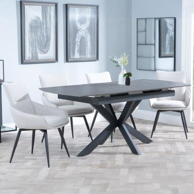 Bari Grey Ceramic Extending Dining Set Ace Beige Fabric Swivel Dining Chair