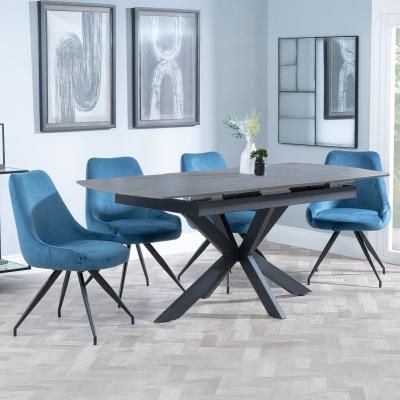 Bari Grey Ceramic Extending Dining Set Arctic Blue Velvet Fabric Swivel Dining Chair