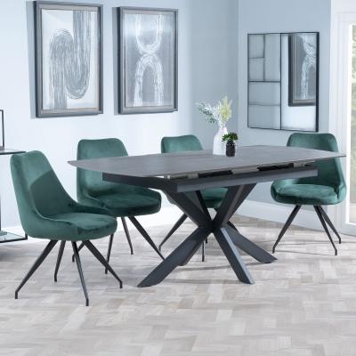 Bari Grey Ceramic Extending Dining Set Arctic Green Velvet Fabric Swivel Dining Chair