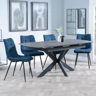 Bari Grey Ceramic Extending Dining Set Corona Blue Fabric Dining Chair