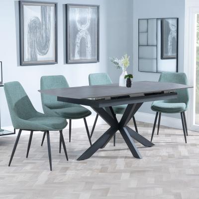 Bari Grey Ceramic Extending Dining Set Darwin Green Fabric Dining Chair