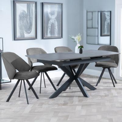 Bari Grey Ceramic Extending Dining Set Ion Dark Grey Velvet Fabric Swivel Dining Chair