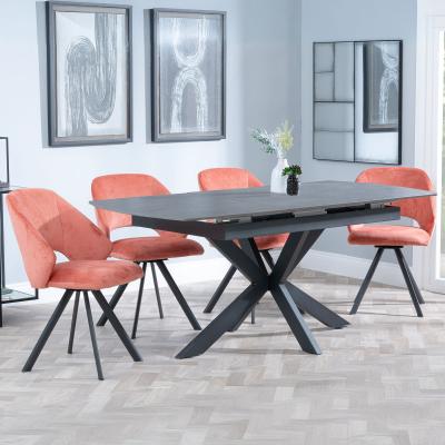 Bari Grey Ceramic Extending Dining Set Ion Orange Velvet Fabric Swivel Dining Chair