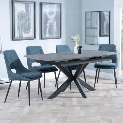 Bari Grey Ceramic Extending Dining Set Peyton Blue Fabric Dining Chair