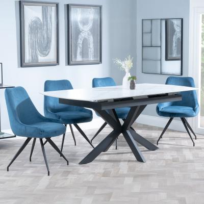 Bari White Ceramic Extending Dining Set Arctic Blue Velvet Fabric Swivel Dining Chair