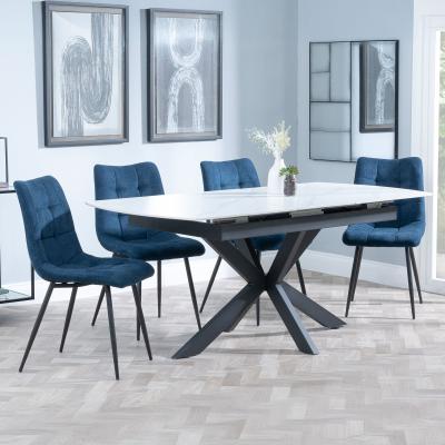 Bari White Ceramic Extending Dining Set Corona Blue Fabric Dining Chair