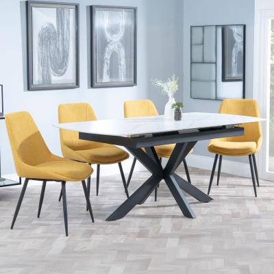 Bari White Ceramic Extending Dining Set Darwin Yellow Fabric Dining Chair