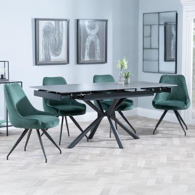 Ripon Black Ceramic Extending Dining Set Arctic Green Velvet Fabric Swivel Dining Chair