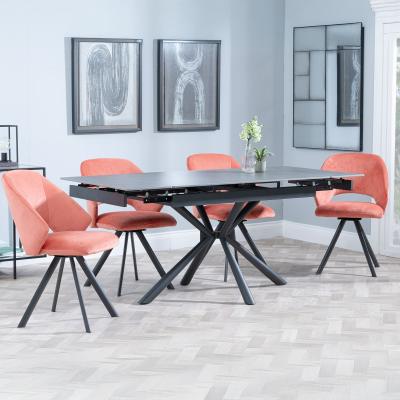 Ripon Black Ceramic Extending Dining Set Ion Orange Velvet Fabric Swivel Dining Chair