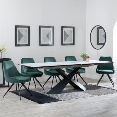 Hayden White Ceramic Extending Dining Set Arctic Green Velvet Fabric Swivel Dining Chair