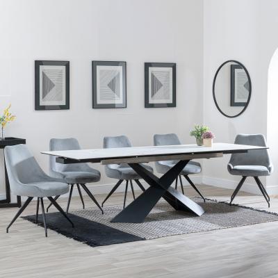 Hayden White Ceramic Extending Dining Set Arctic Grey Velvet Fabric Swivel Dining Chair